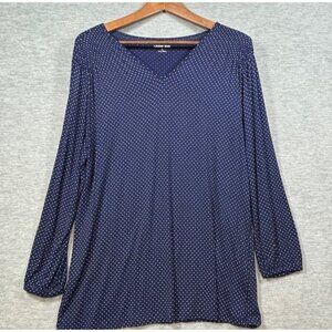 Lands End Womens Polka Dot Long‎ Sleeve Blouse Navy Blue Size L